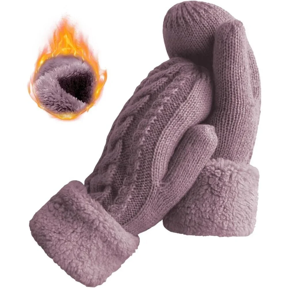 Women's Lilac Winter Warm Imported Fleece Lining Cozy Wool Knit Thick Gloves